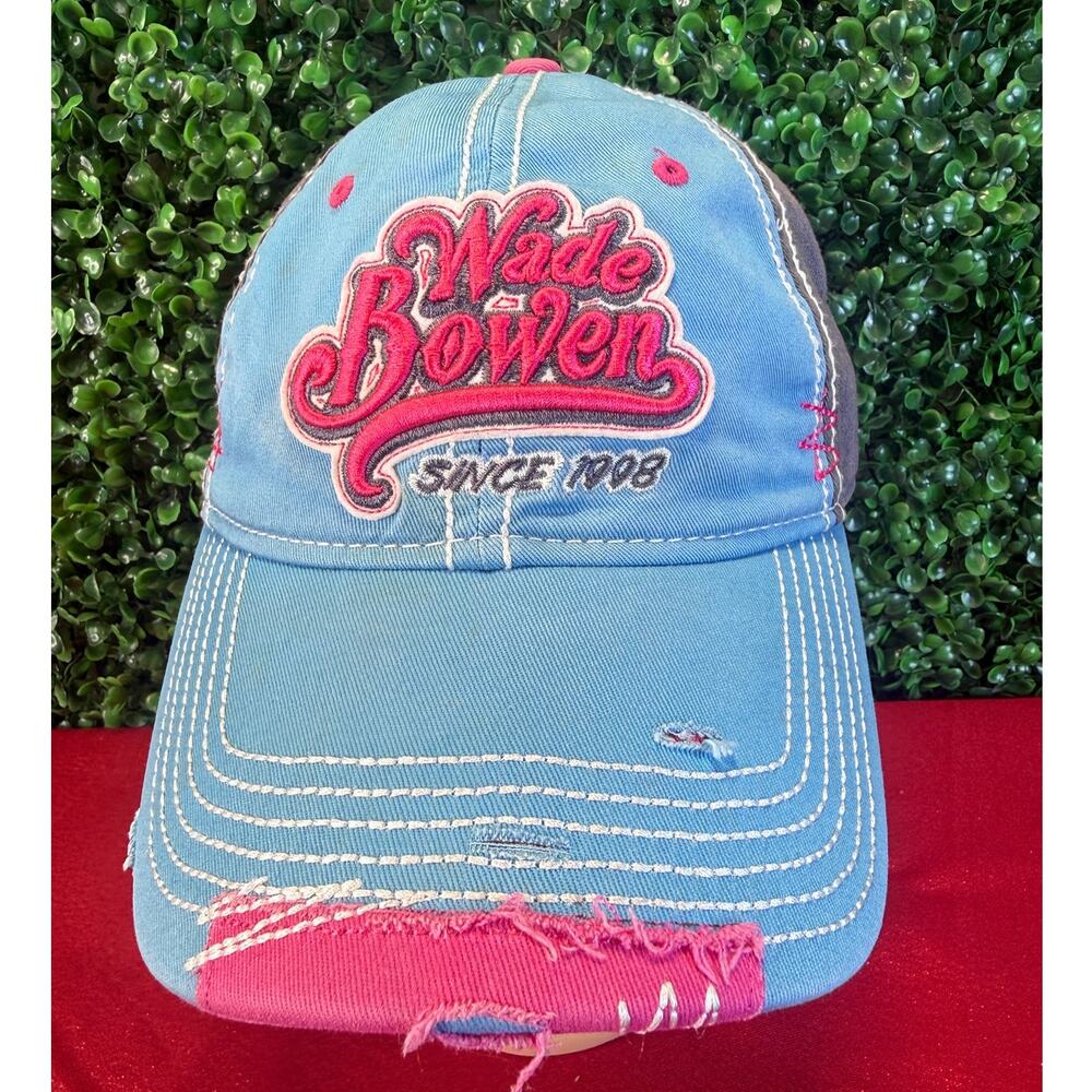 Wade Bowen Texas Country Music Distressed Denim Baseball Hat Pink Frayed Patch